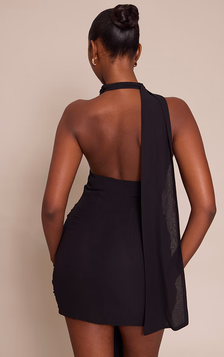 Black Woven Wrap Halterneck Mini Dress