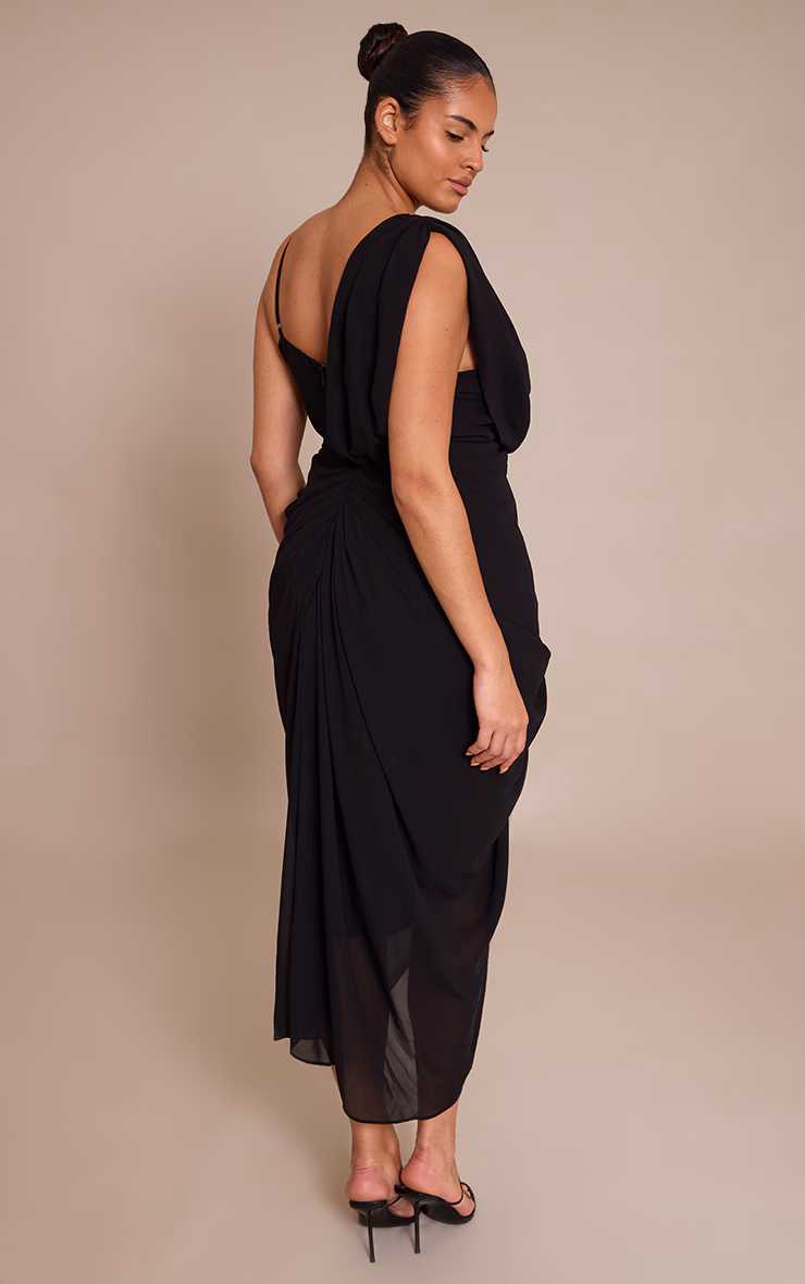 Plus Black Chiffon Overlay Detail Drape Midi Dress