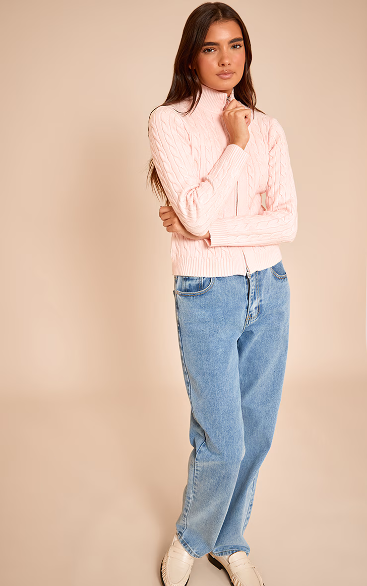 Pink Cable Knit Long Sleeve Zip Up Sweater