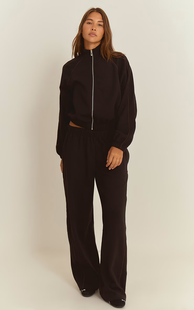 Black Interlock Contrast Piping Wide Leg Sweatpants