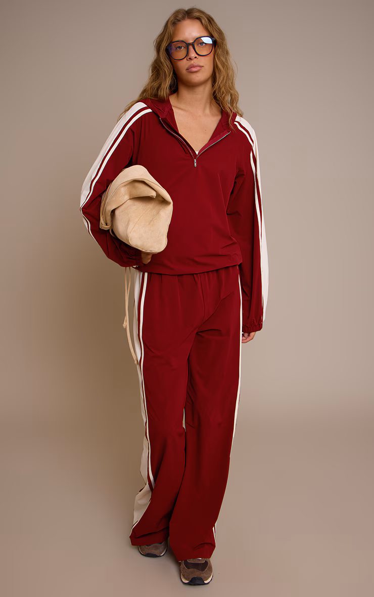 Red Shell Contrast Stripe Hooded Track Jacket