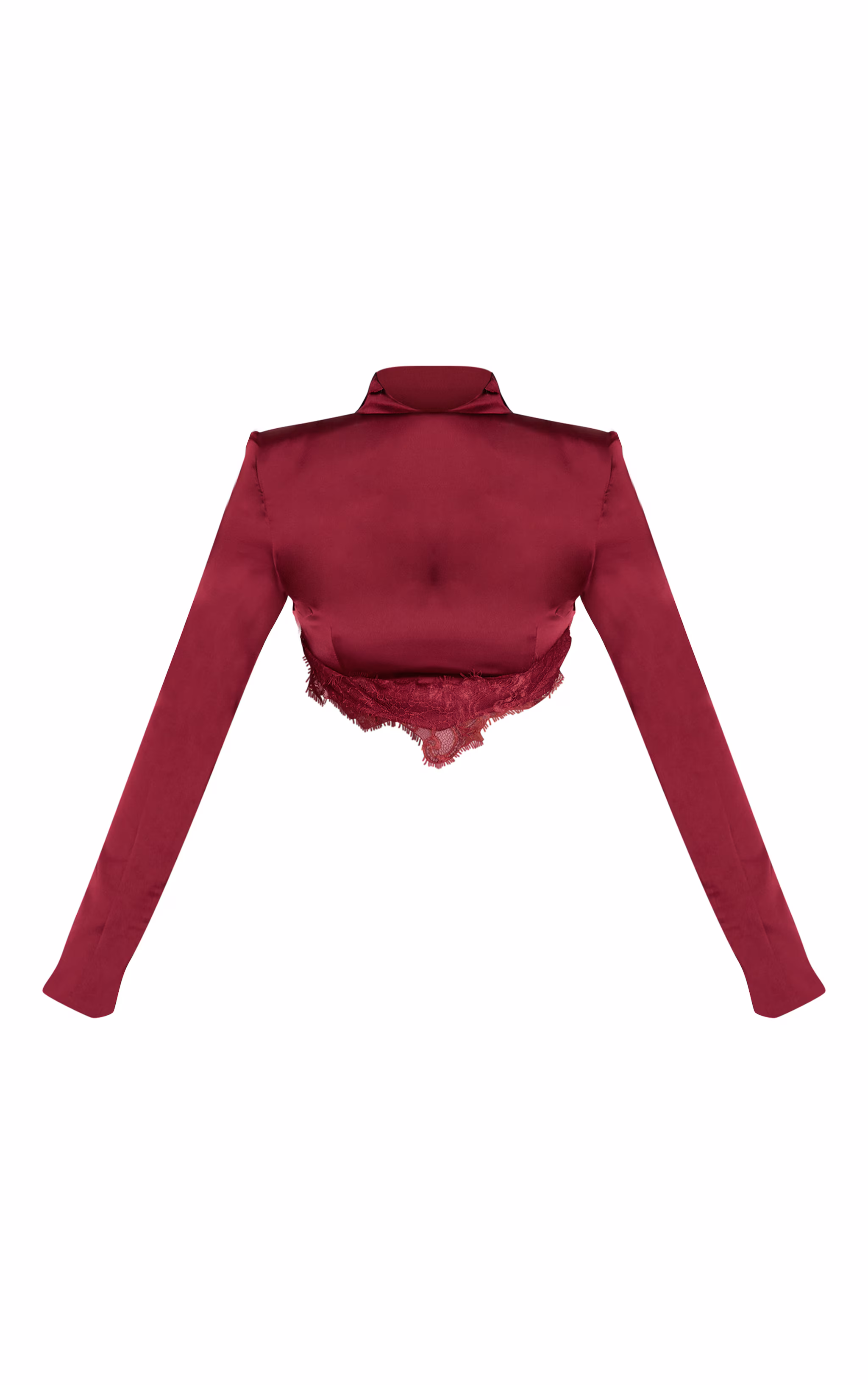 Burgundy Satin Lace Trim High Neck Long Sleeve Top