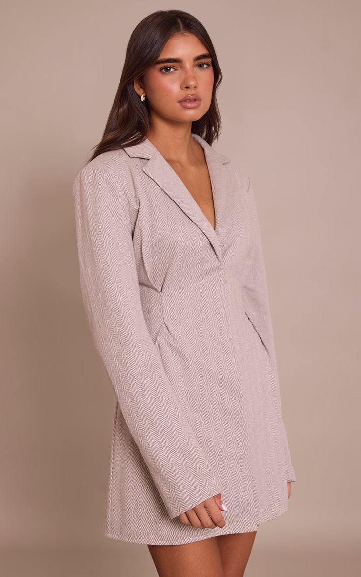 Taupe Wool Look Tailored Blazer Dress
