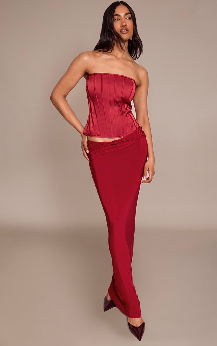 Wine Slinky Knot Fold Over Detail Maxi Skirt