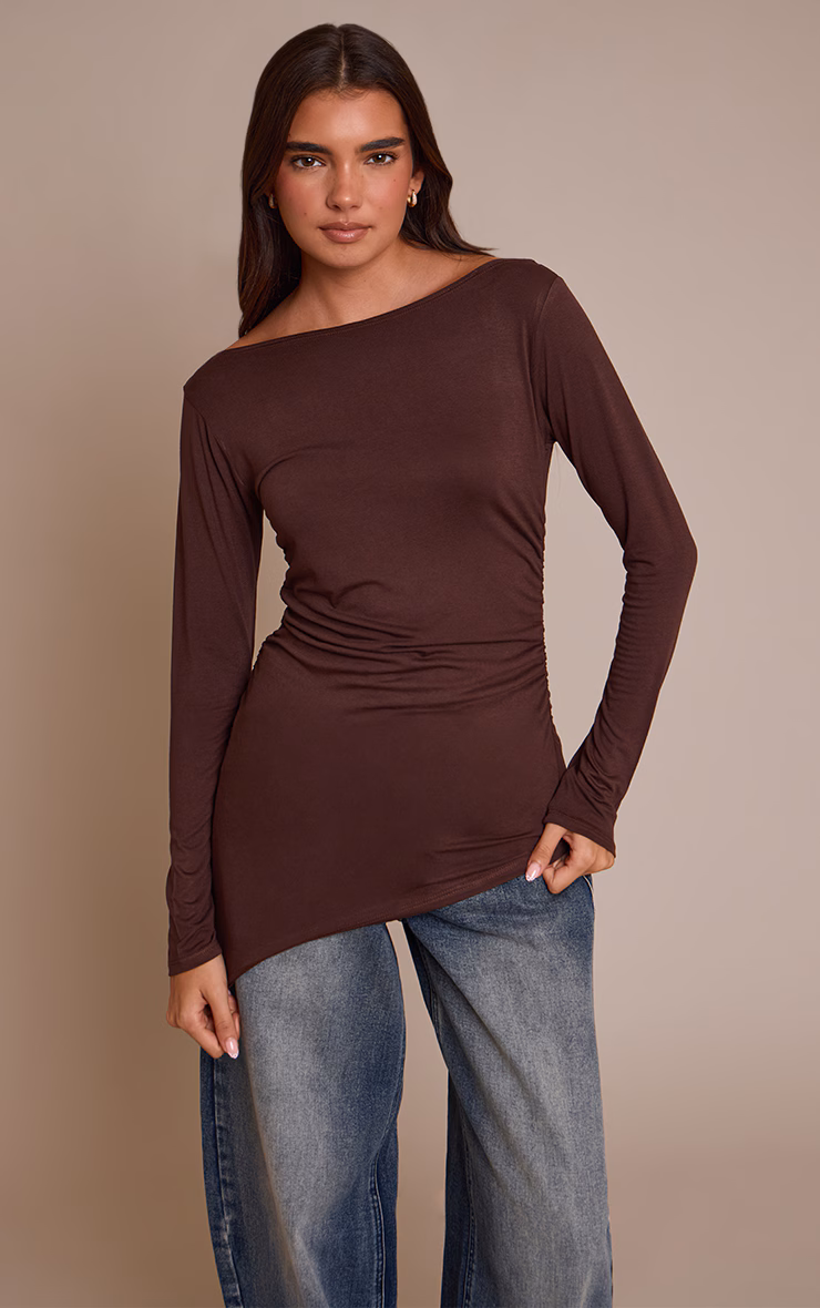 Chocolate Asymmetric Hem Detail Long Sleeve Top