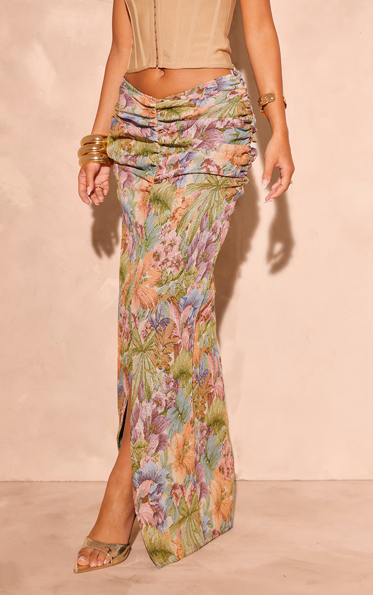 Green Jacquard Ruched Waist Split Front Maxi Skirt