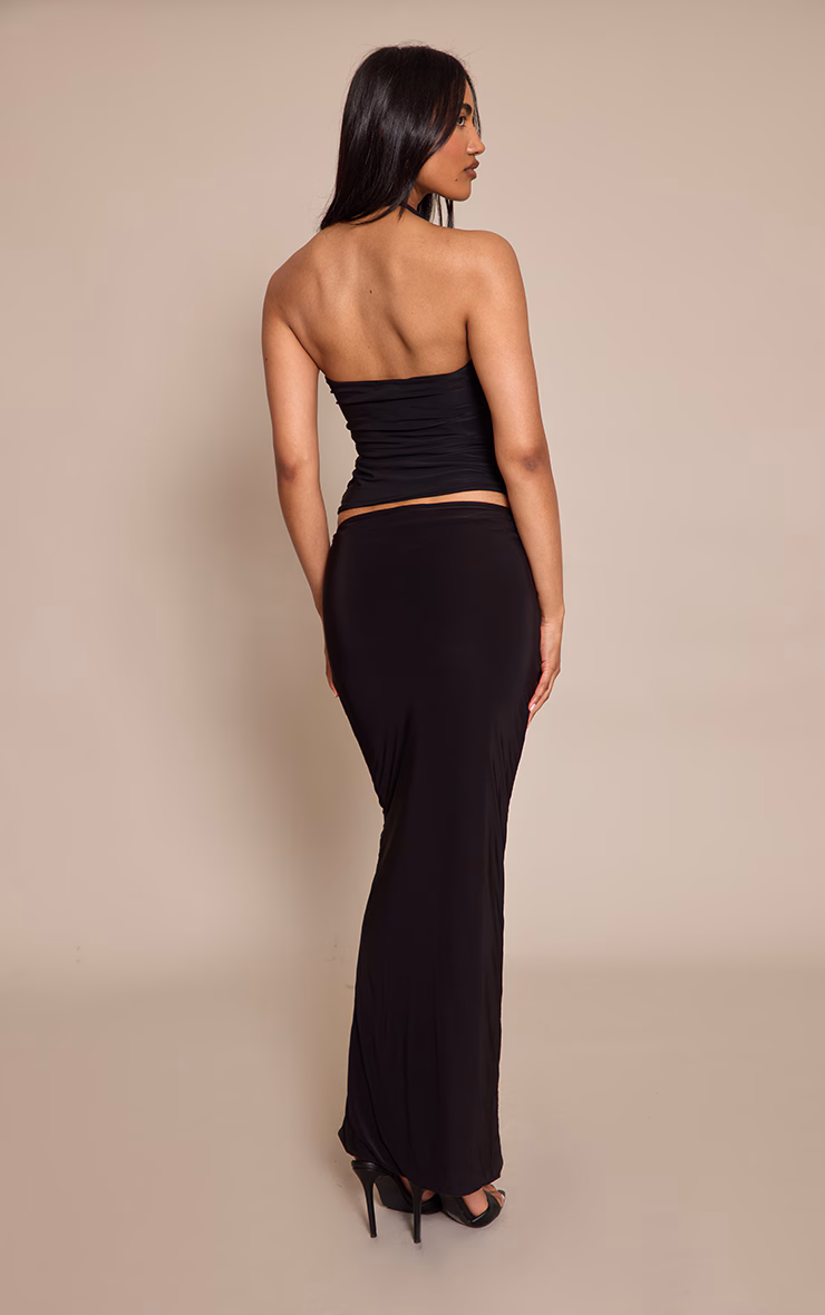 Black Double Layer Slinky Tie Wrap Front Maxi Skirt