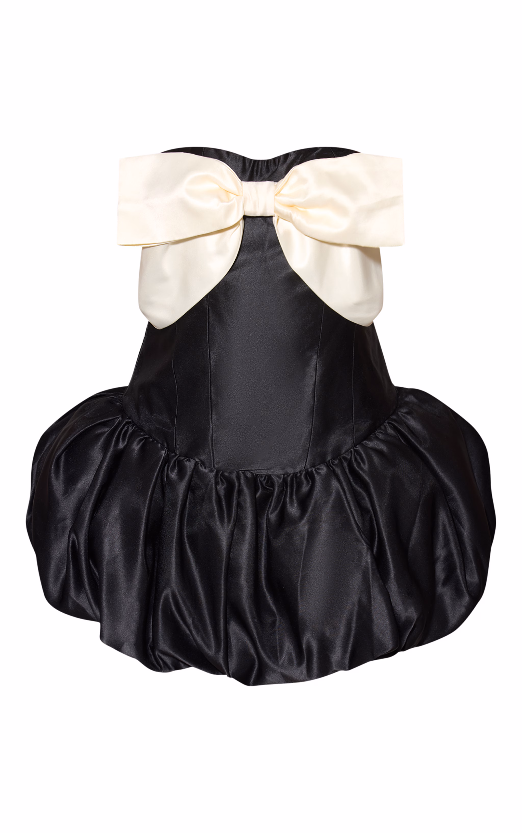 Black Bandeau Satin Bow Detail Puffball Mini Dress