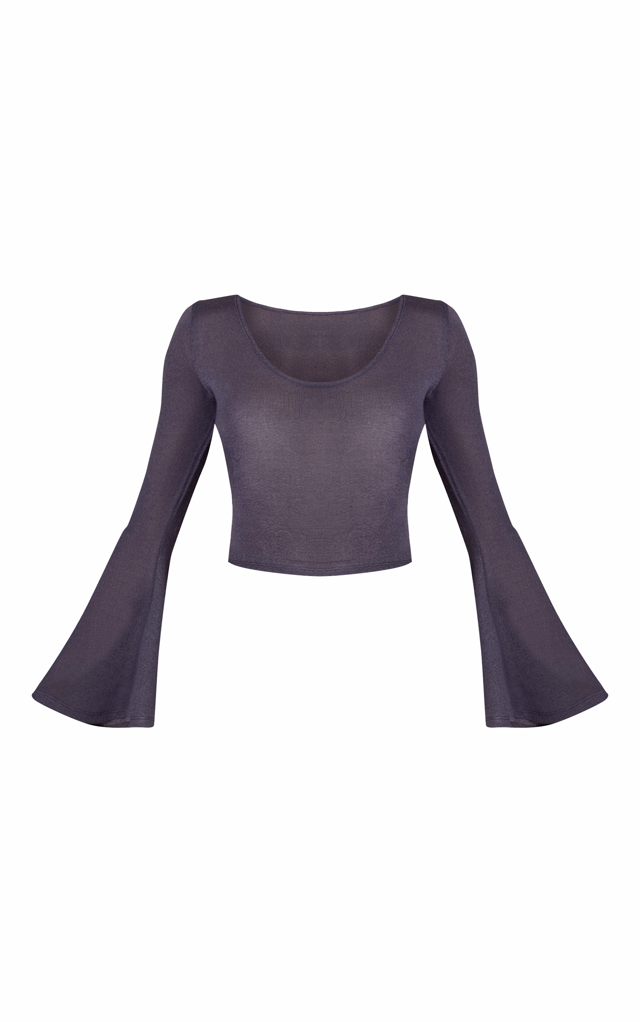 Charcoal Textured Jersey Scoop Neck Flared Long Sleeve Top
