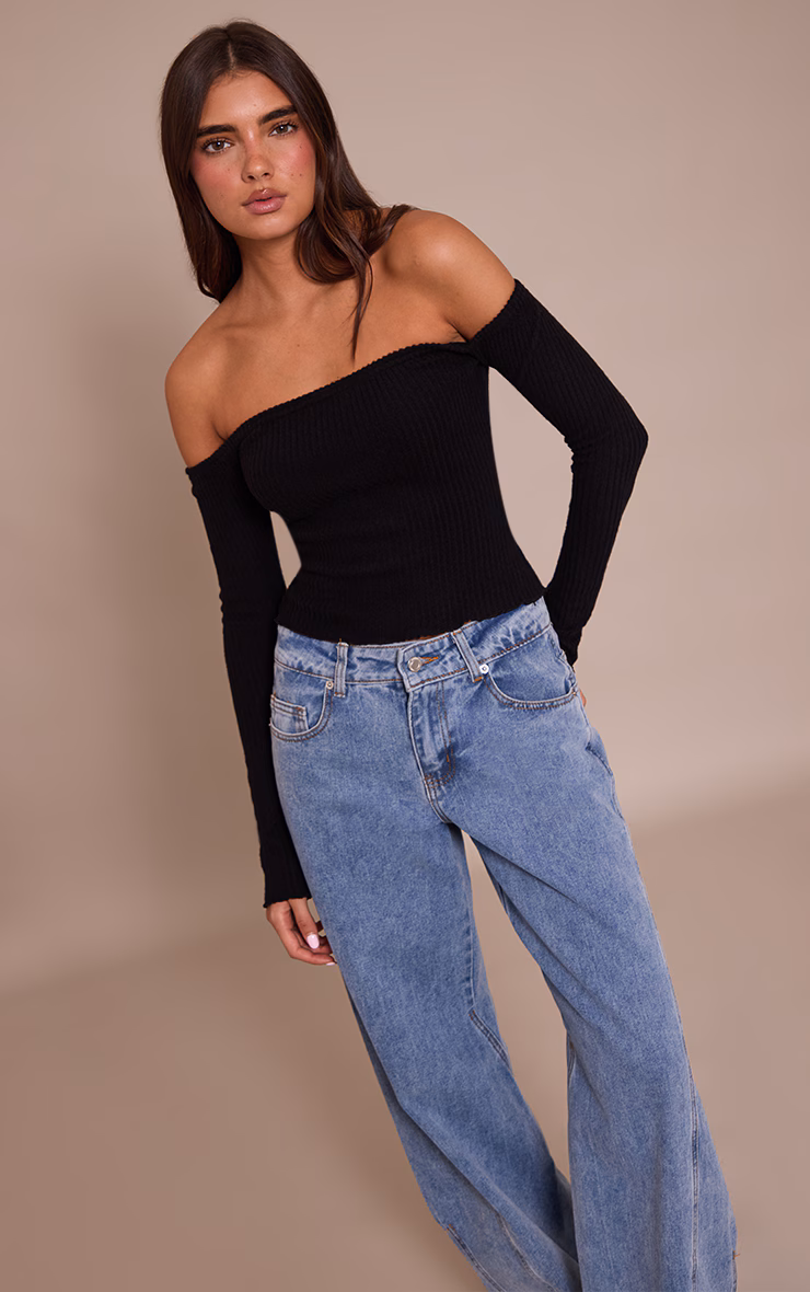 Black Brushed Rib Knit Bardot Long Sleeve Top