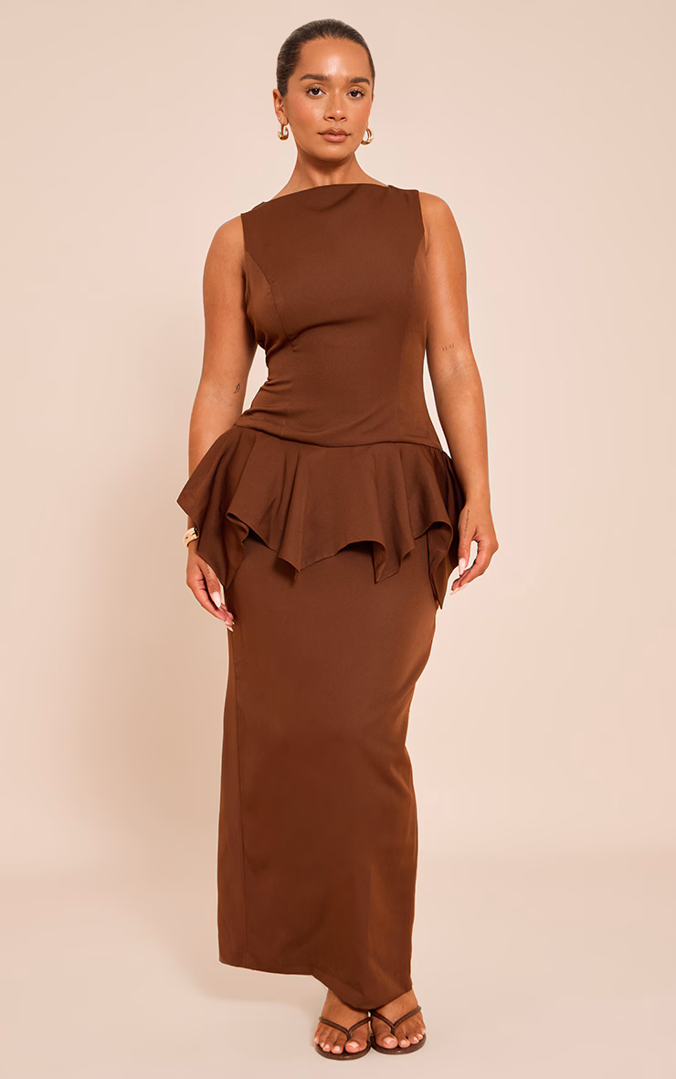 Shape Chocolate Boat Neck Dropped Hem Maxi Dress