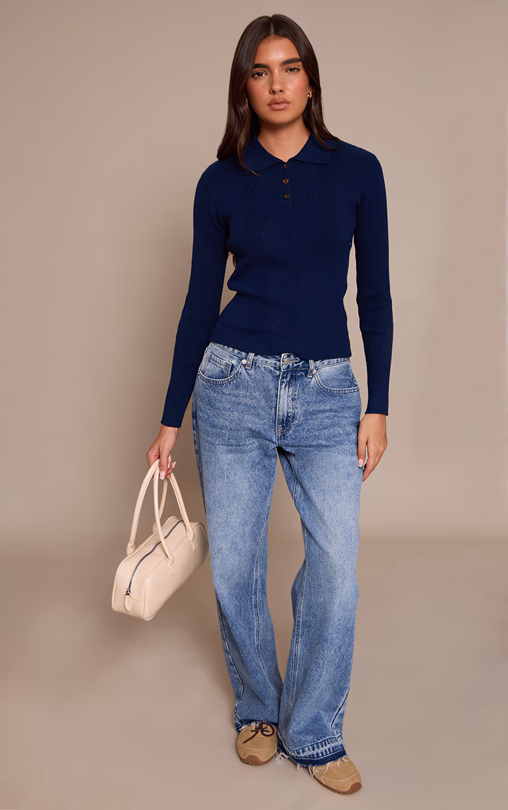 Navy Ribbed Knit Long Sleeved Polo Top