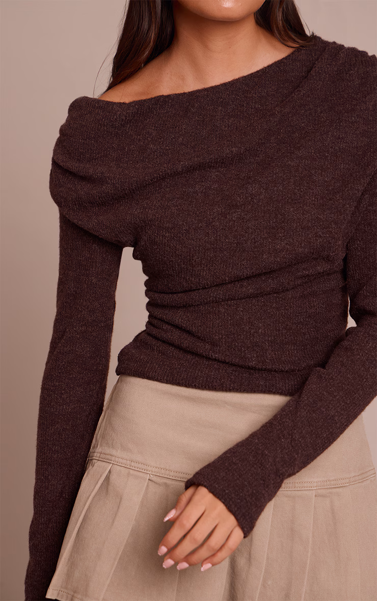 Chocolate Brushed Slouchy Ruched Long Sleeve Top