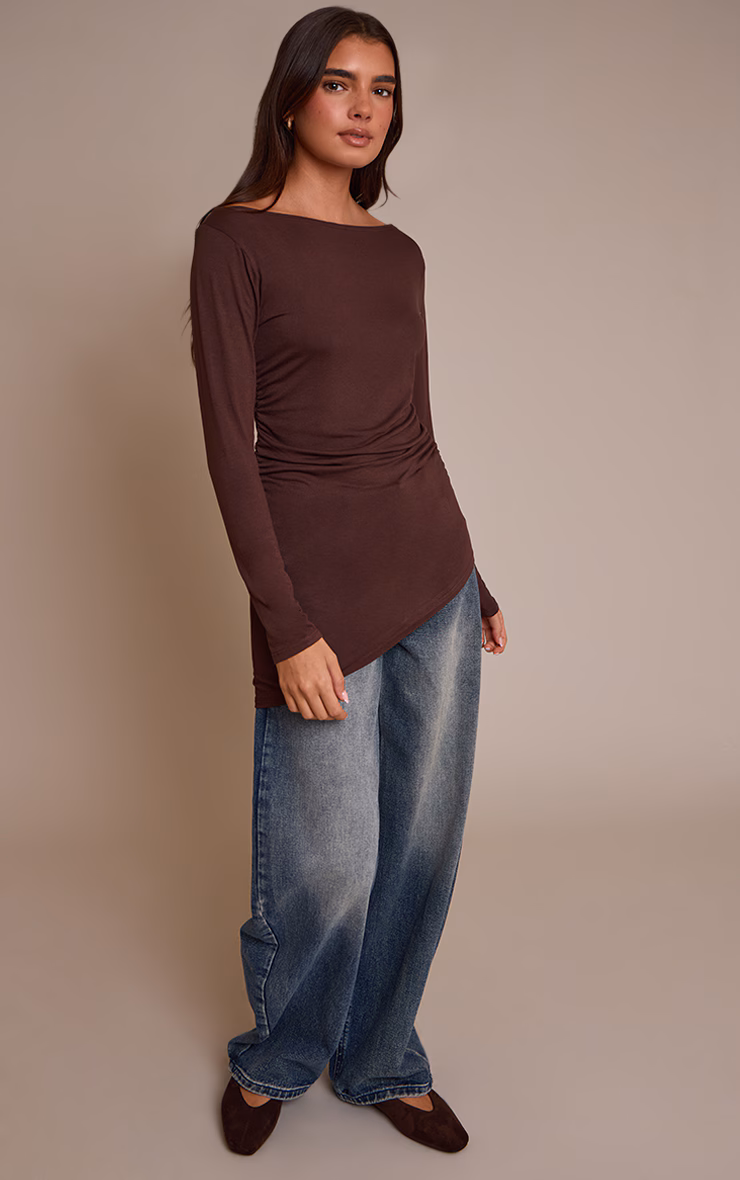 Chocolate Asymmetric Hem Detail Long Sleeve Top