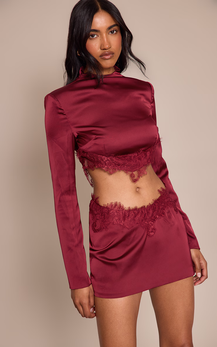 Burgundy Satin Lace Trim Mini Skirt
