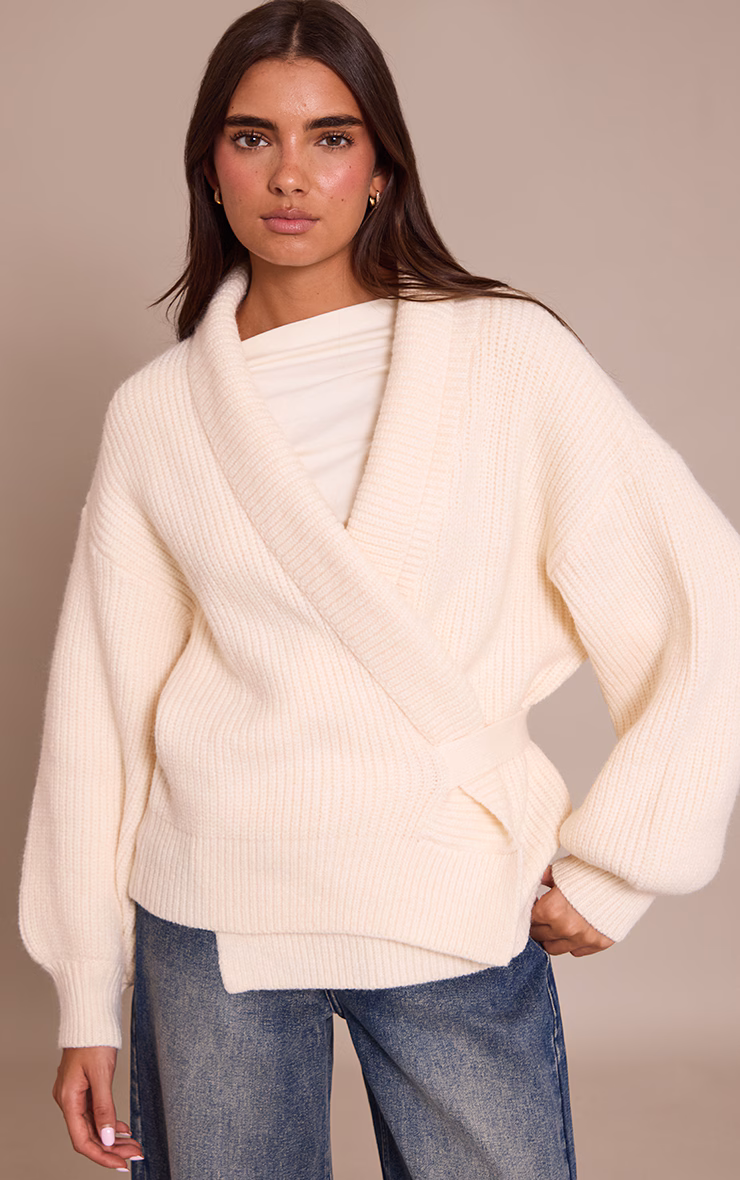 Cream Chunky Knit Rib Wrap Cardigan