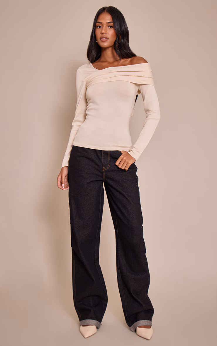 Tall Cream Long Sleeve Asymmetric Shoulder Knitted Top