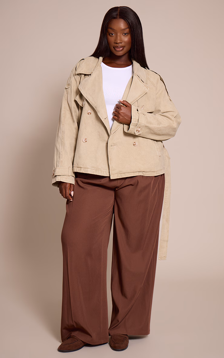 Plus Stone Belted Button Detail Cropped Denim Trench