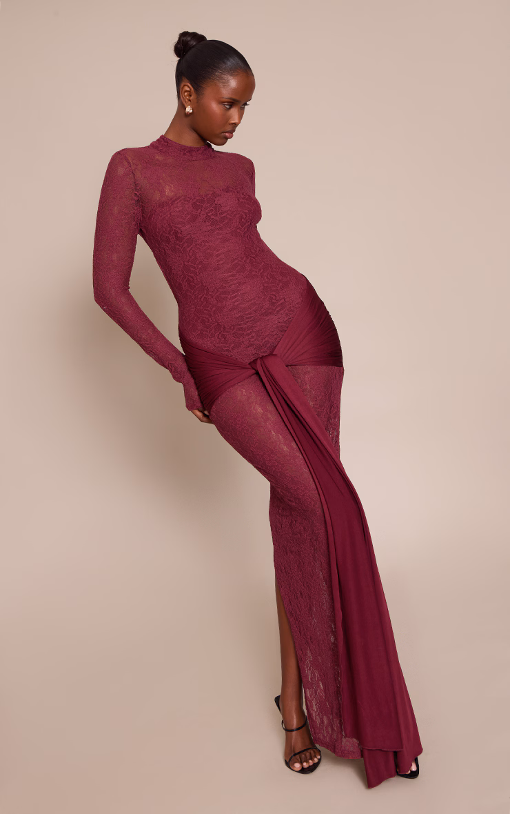 Plum Long Sleeve Lace Wrap Detail Maxi Dress
