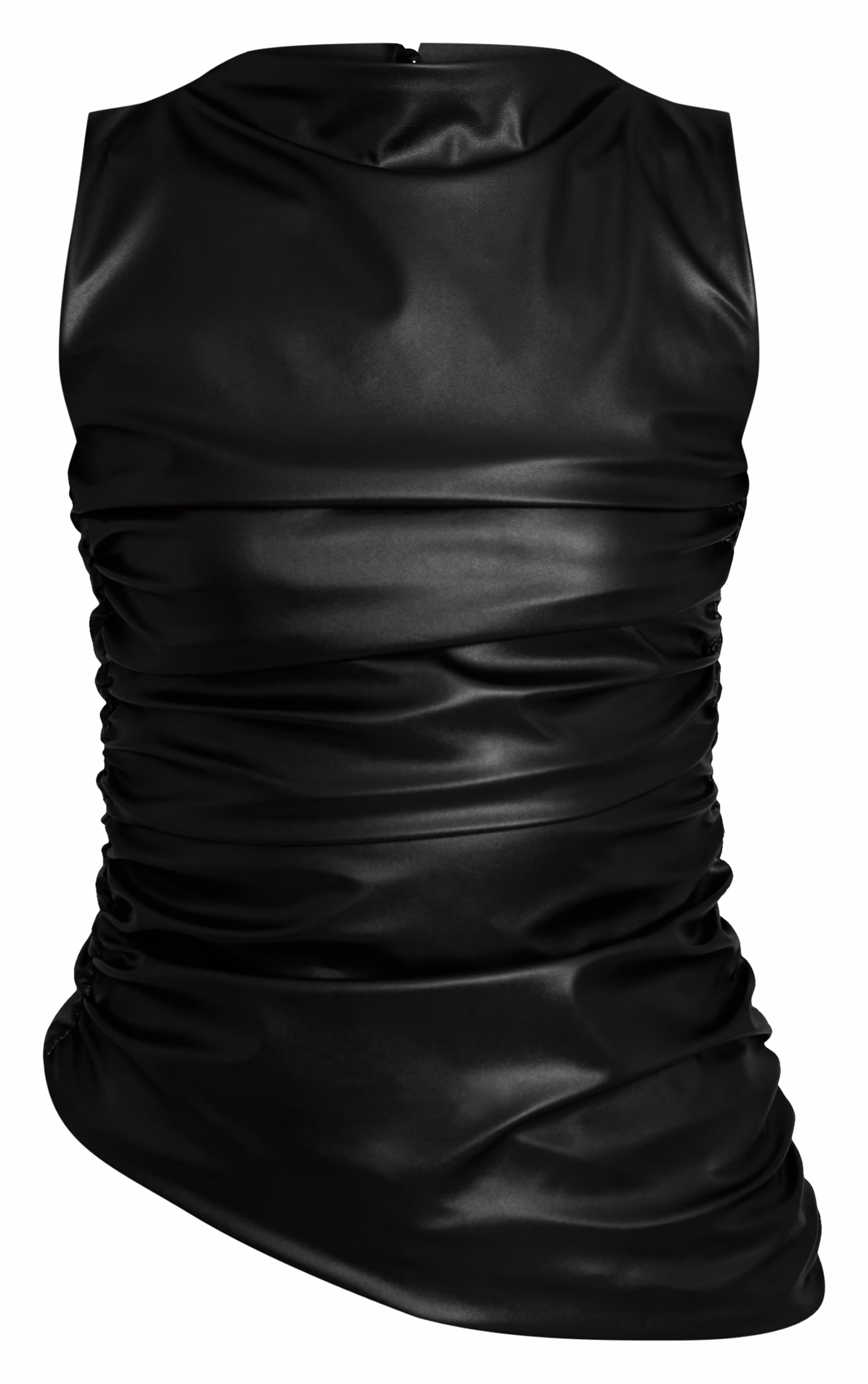 Black Faux Leather Highneck Asymmetric Hem Long Top