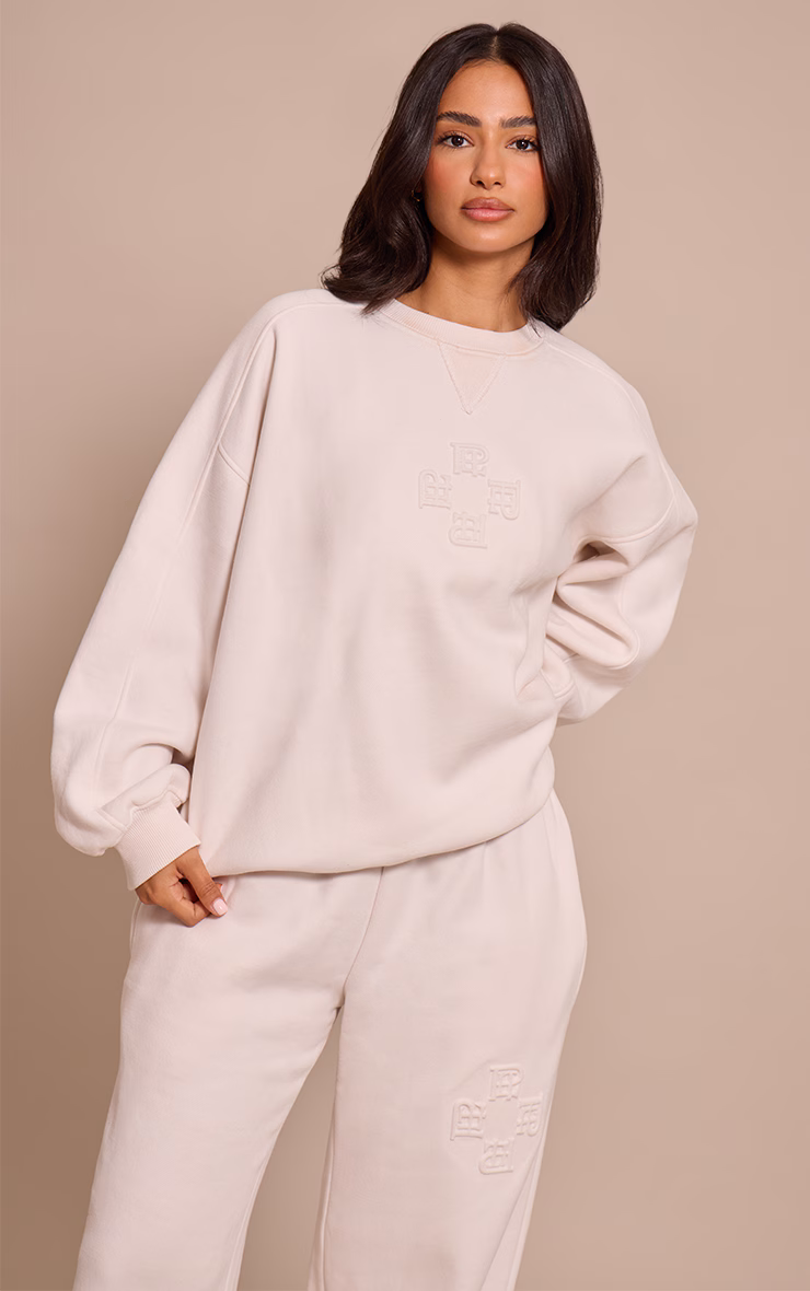 Petite Cream PLT Embossed Crew Neck Sweatshirt