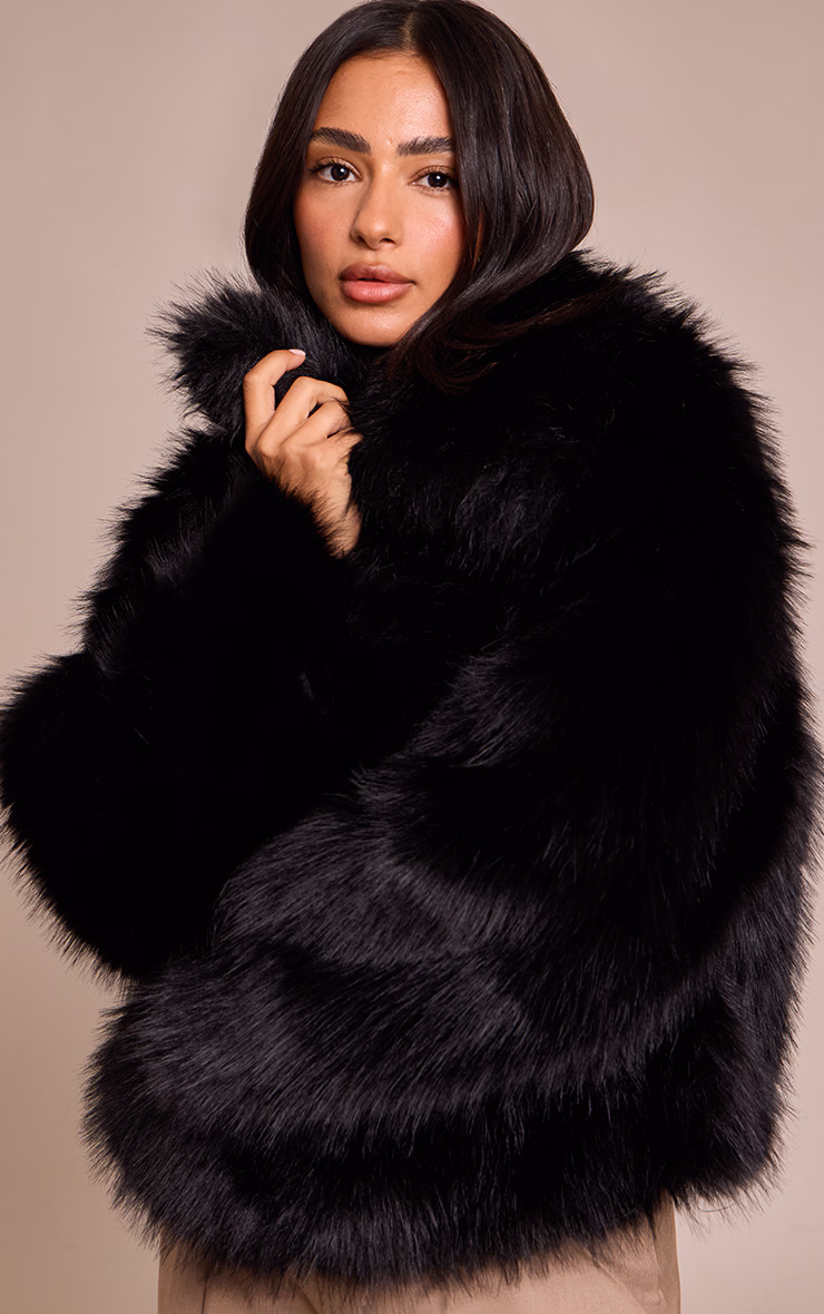 Petite Black Oversized Collar Faux Fur Coat