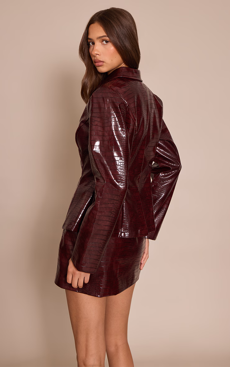Dark Wine Croc Faux Leather Blazer