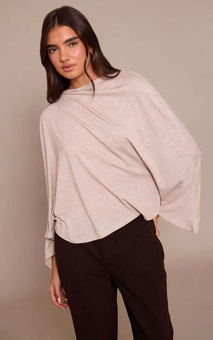 Sand Asymmetric Slouchy Long Sleeve Top