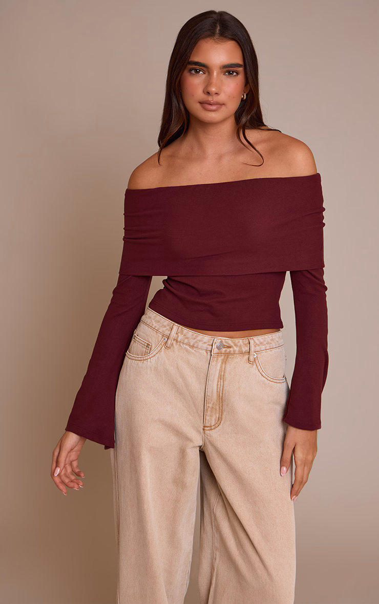 Wine Ultra Soft Deep Foldover Bardot Long Sleeve Top