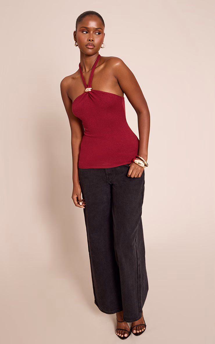 Burgundy Halter Neck Trim Detail Top