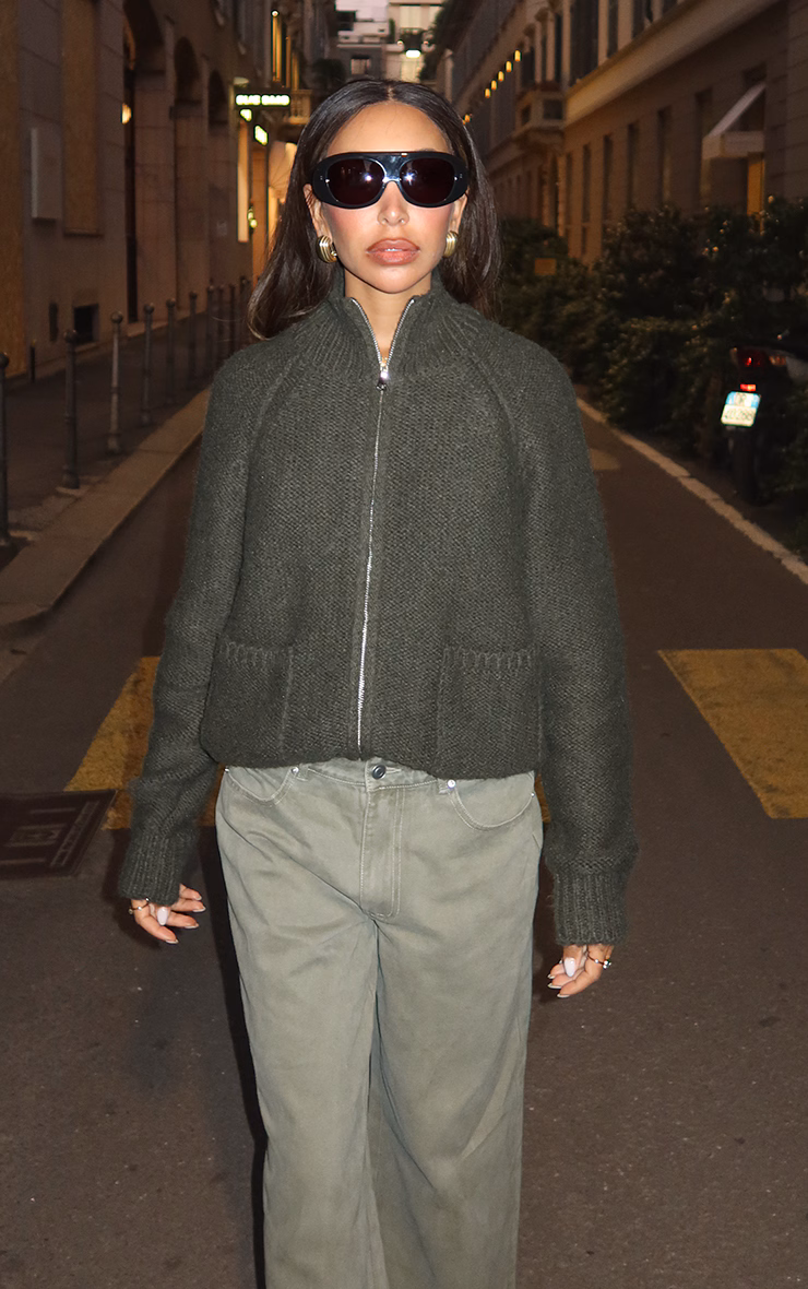 Olive Zip Up Pocket Detail Knitted Cardigan