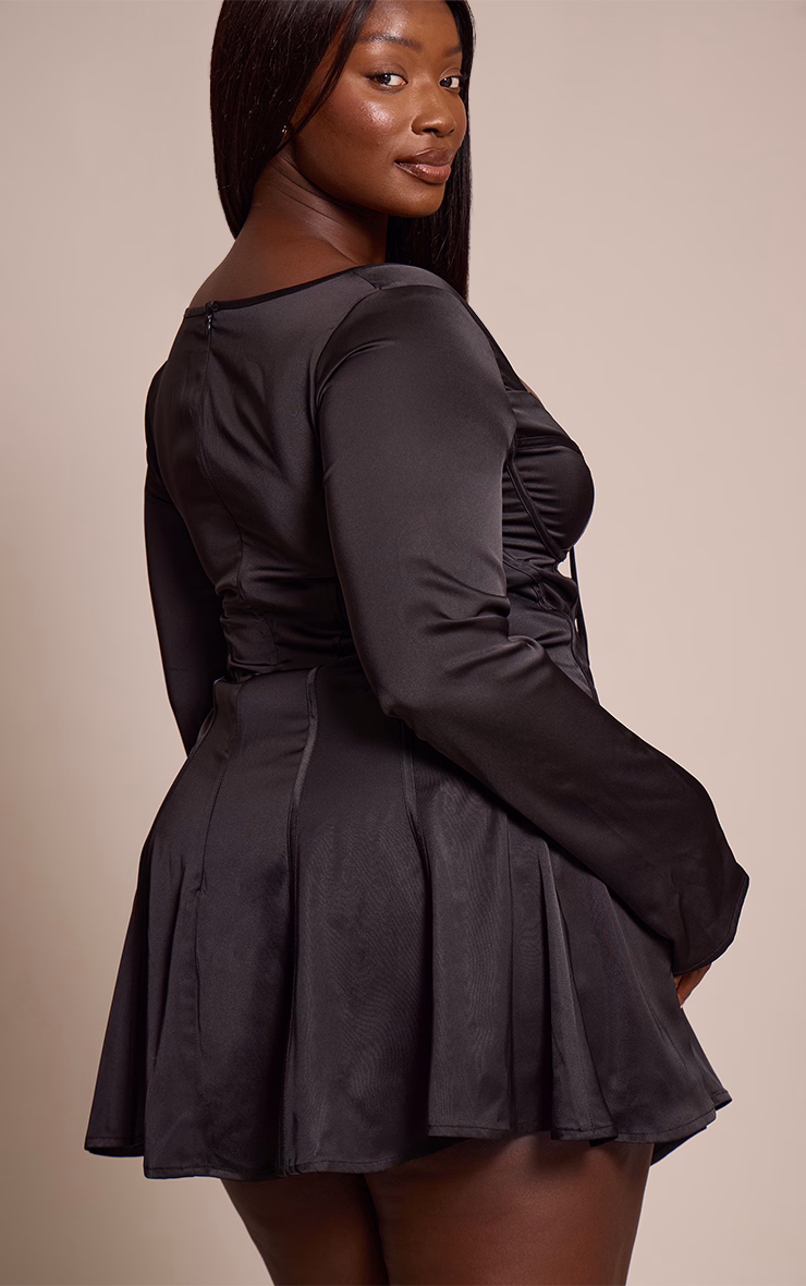 Plus Black Satin Long Sleeve Mini Dress