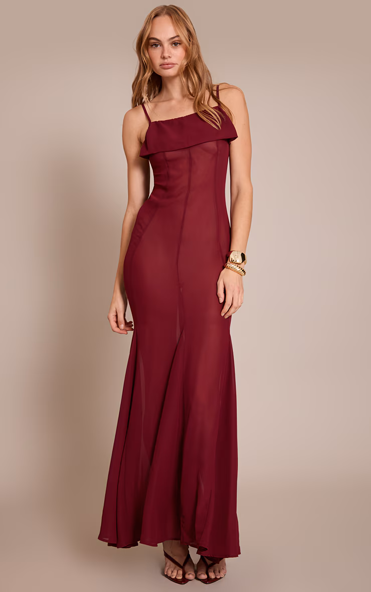 Burgundy Sheer Cut Out Maxi Dress