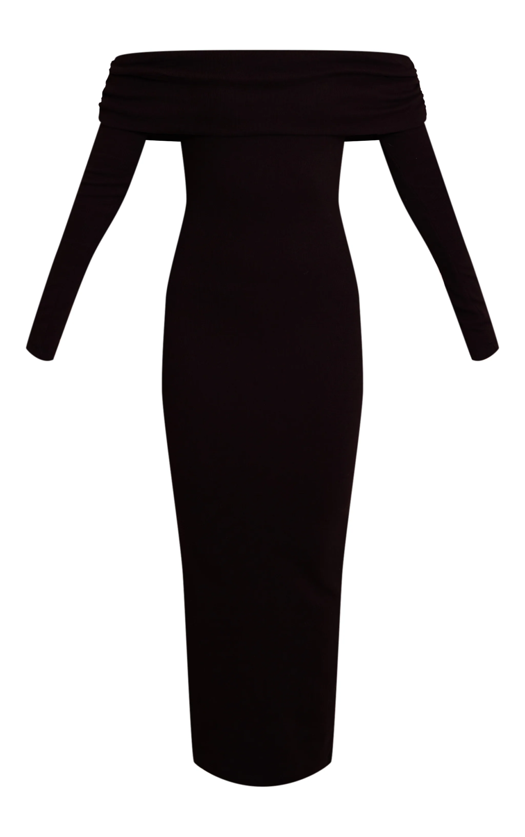 Black Ribbed Fold Over Bardot Long Sleeve Maxi Dress