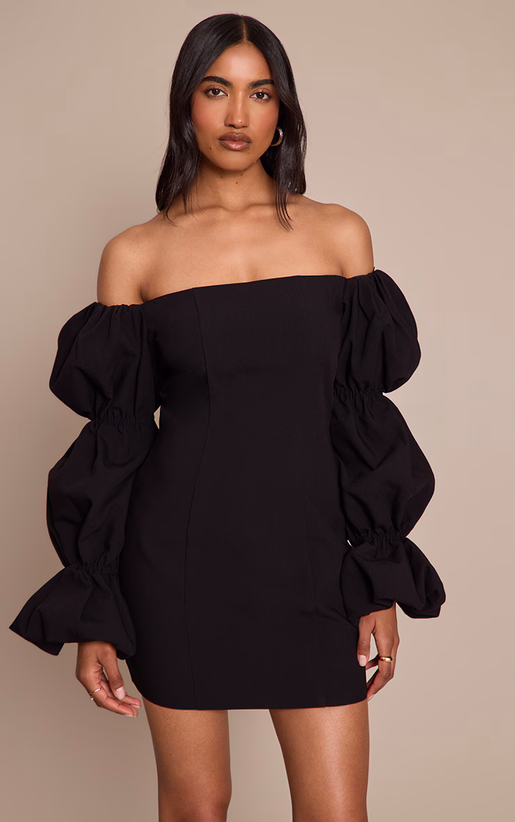 Black Puff Sleeve Bardot Bodycon Dress