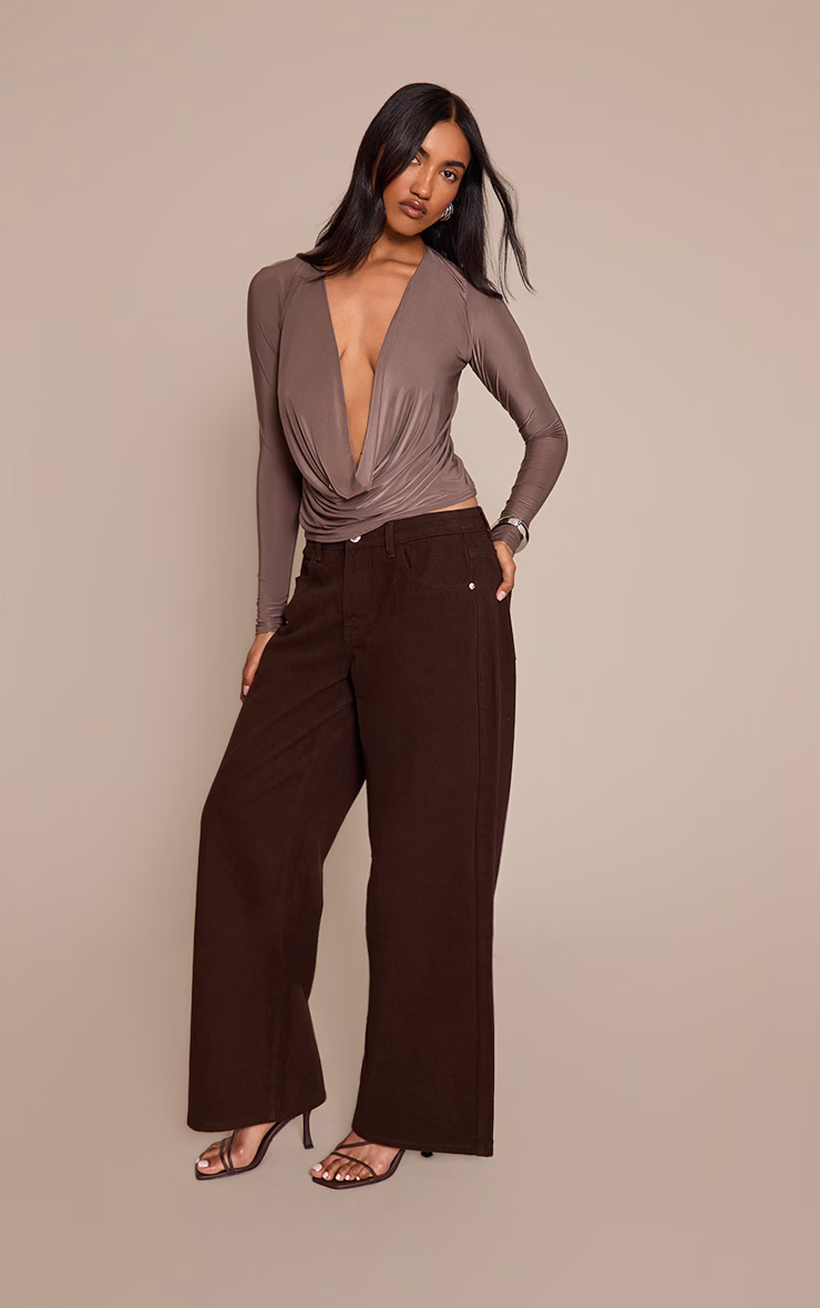 Mushroom Slinky Cowl Wrap Detail Long Sleeve Top