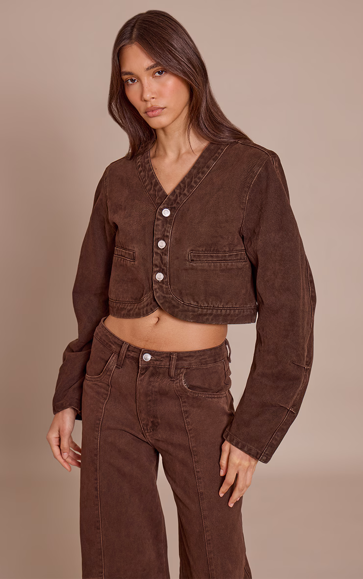 Chocolate V Neck Curved Hem Cropped Denim Jacket