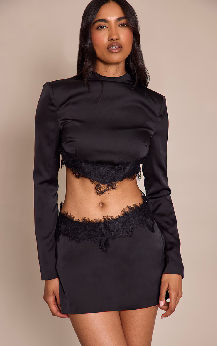 Black Satin Lace Trim Mini Skirt