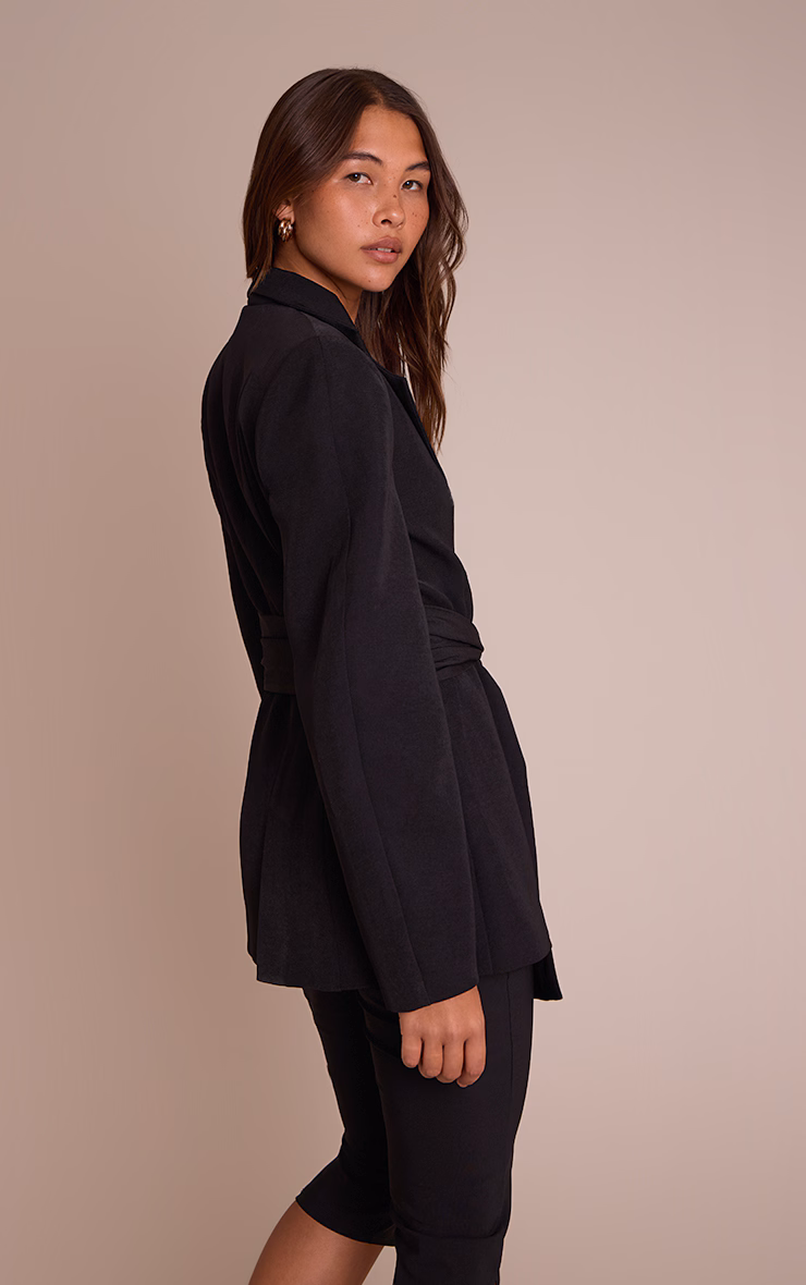 Black Gathered Wrap Waist Belted Blazer