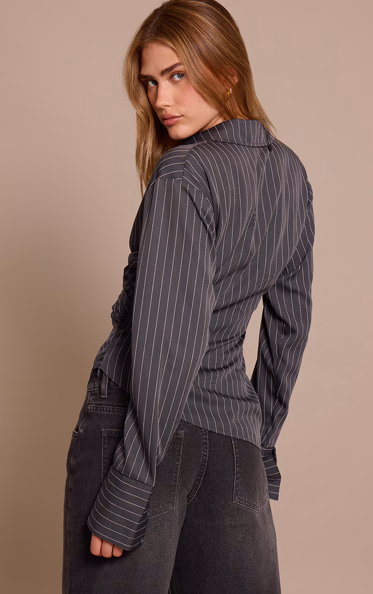 Grey Pinstripe Ruched Wrap Detail Long Sleeve Shirt