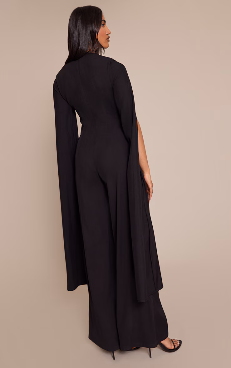 Black Woven Cape Sleeve Wide Leg Jumpsuit