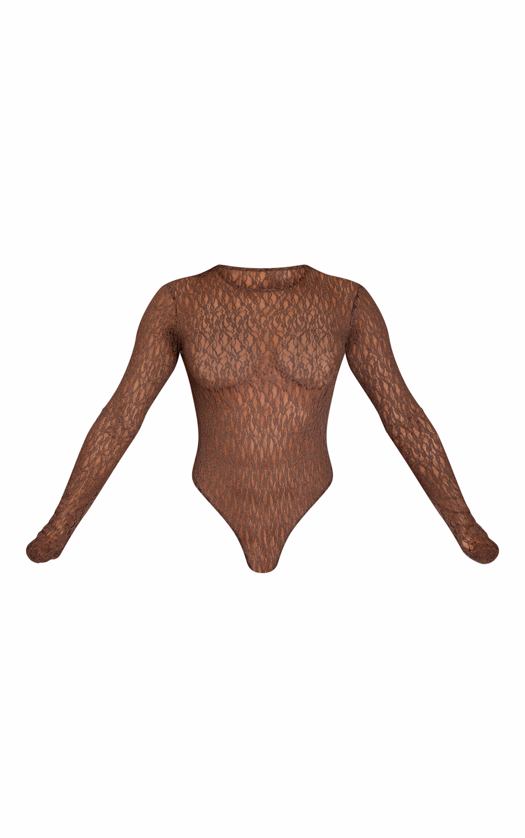 Chocolate Textured Sheer Lace Long Sleeve Bodysuit