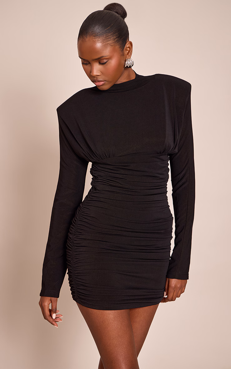 Black Ruched Long Sleeve Bodycon Dress