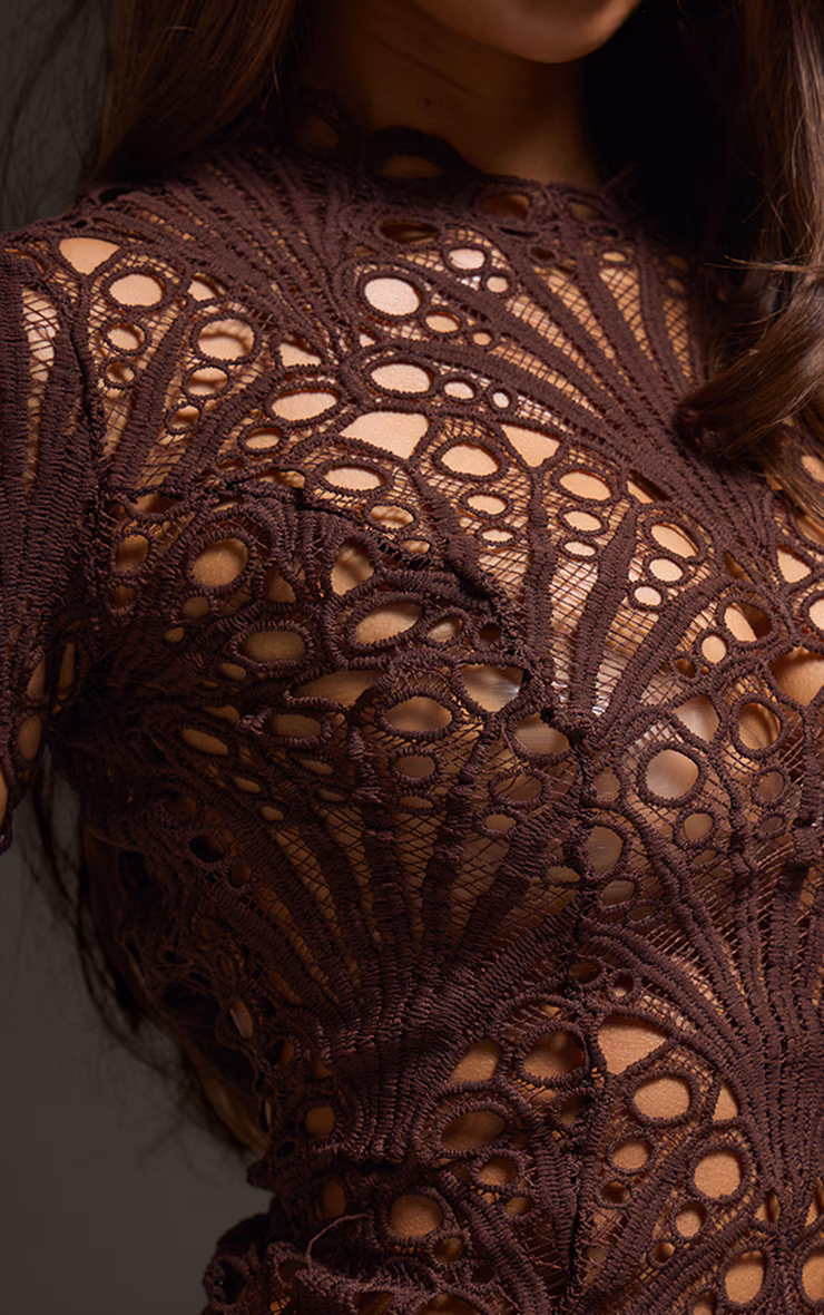 Dark Brown Floral Lace Long Sleeve Shirt