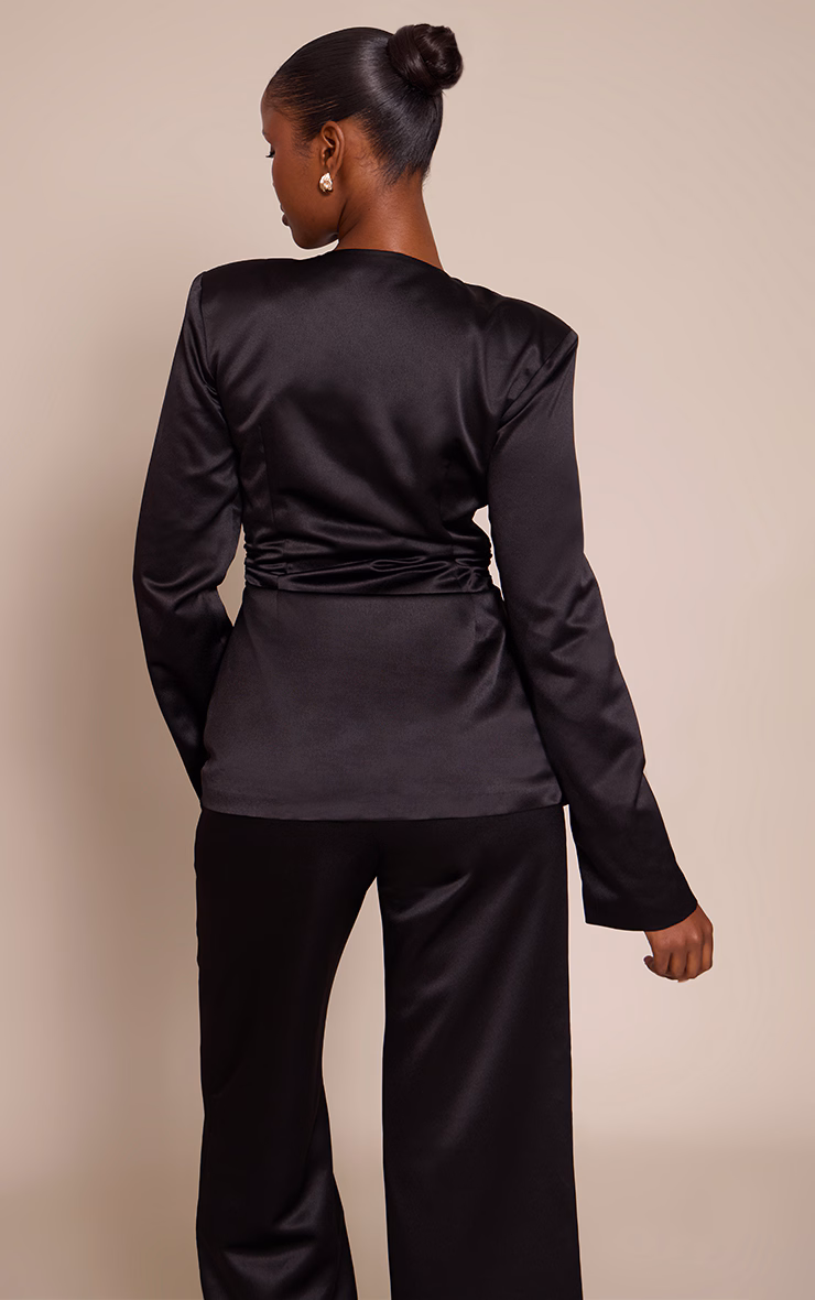 Black Satin Ruched Cinched Blazer