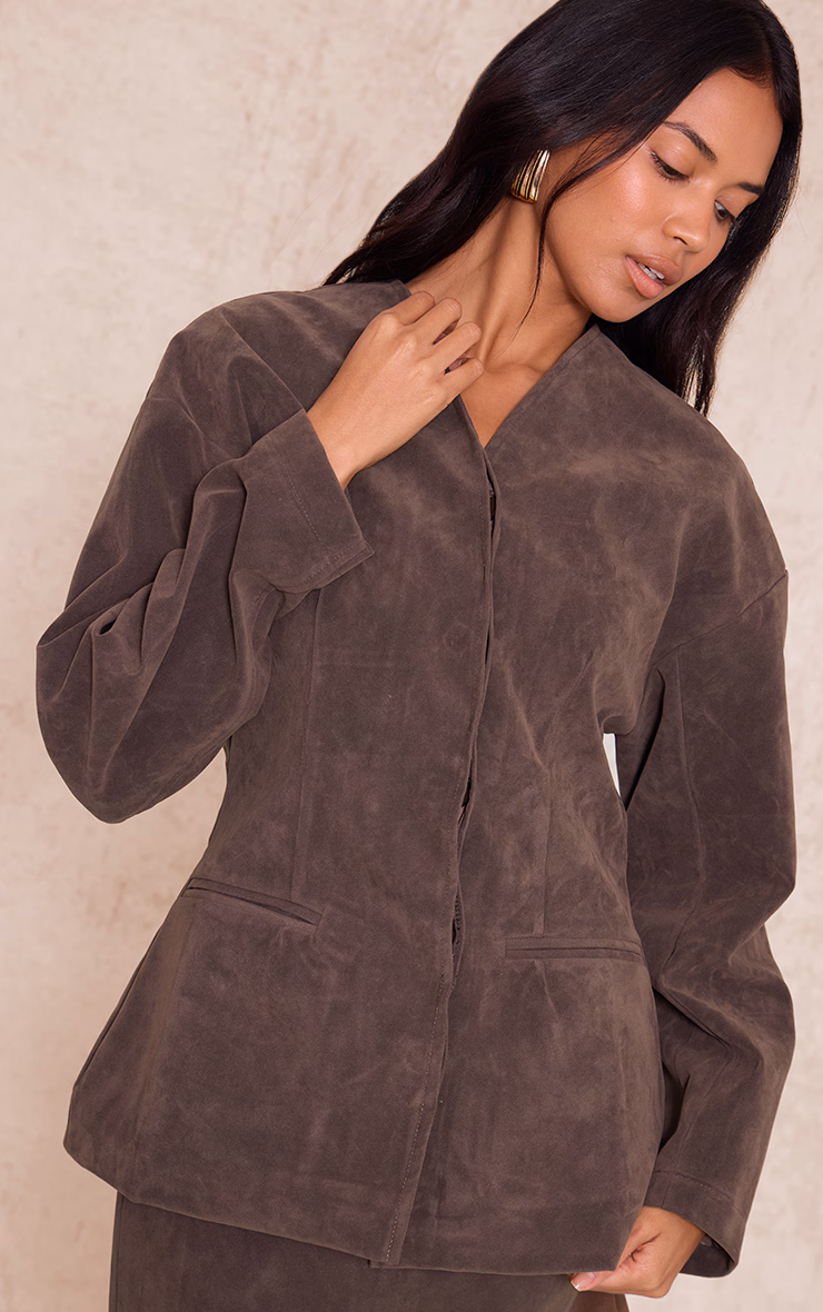 Khaki Suede Collarless Cocoon Sleeve Blazer