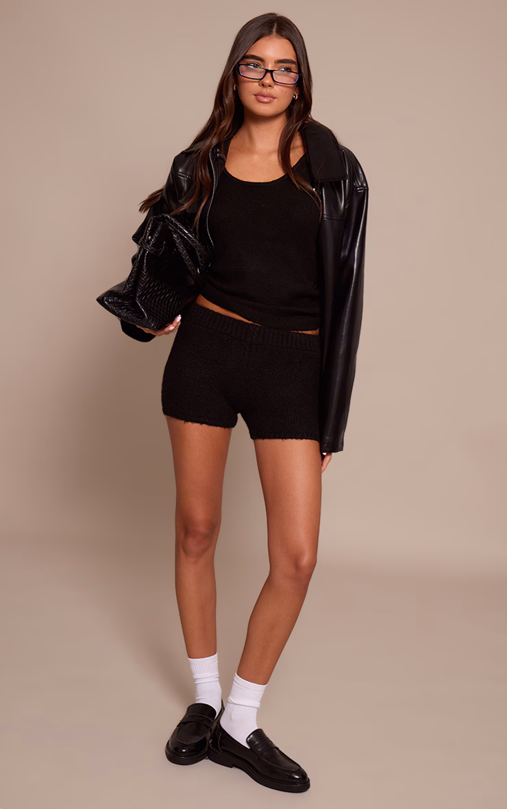 Black Brushed Knit Mini Shorts