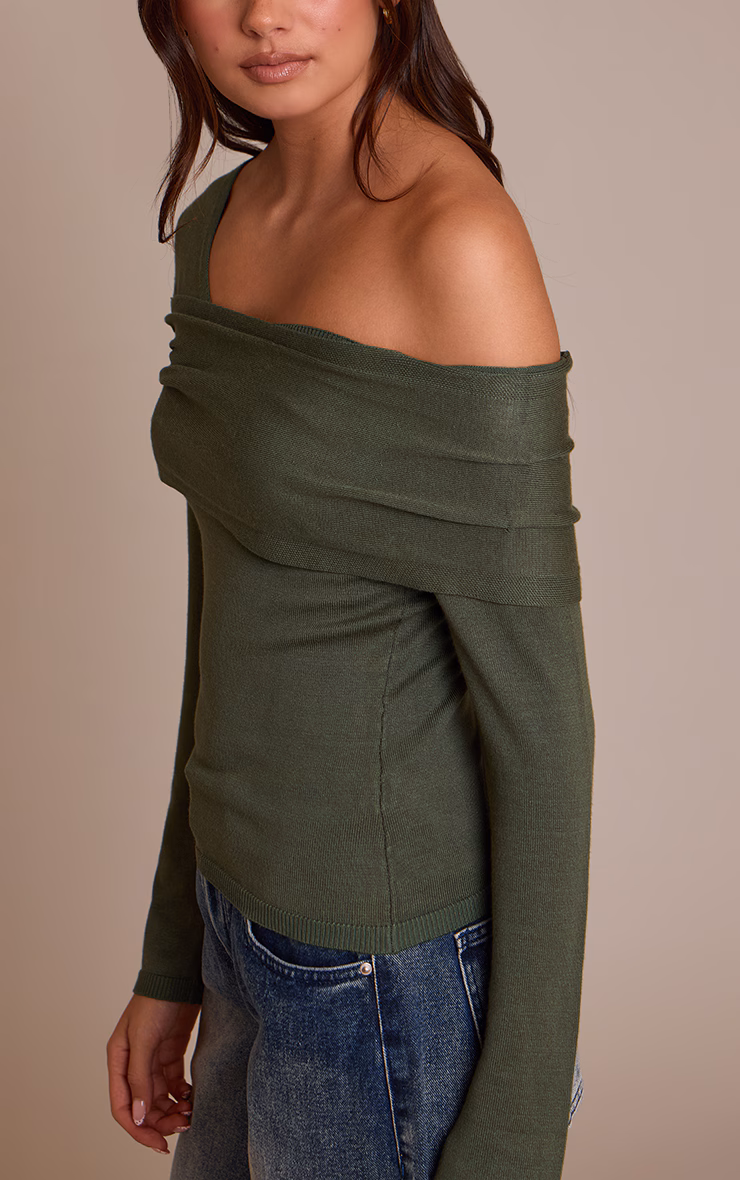 Olive Long Sleeve Asymmetric Shoulder Knitted Top