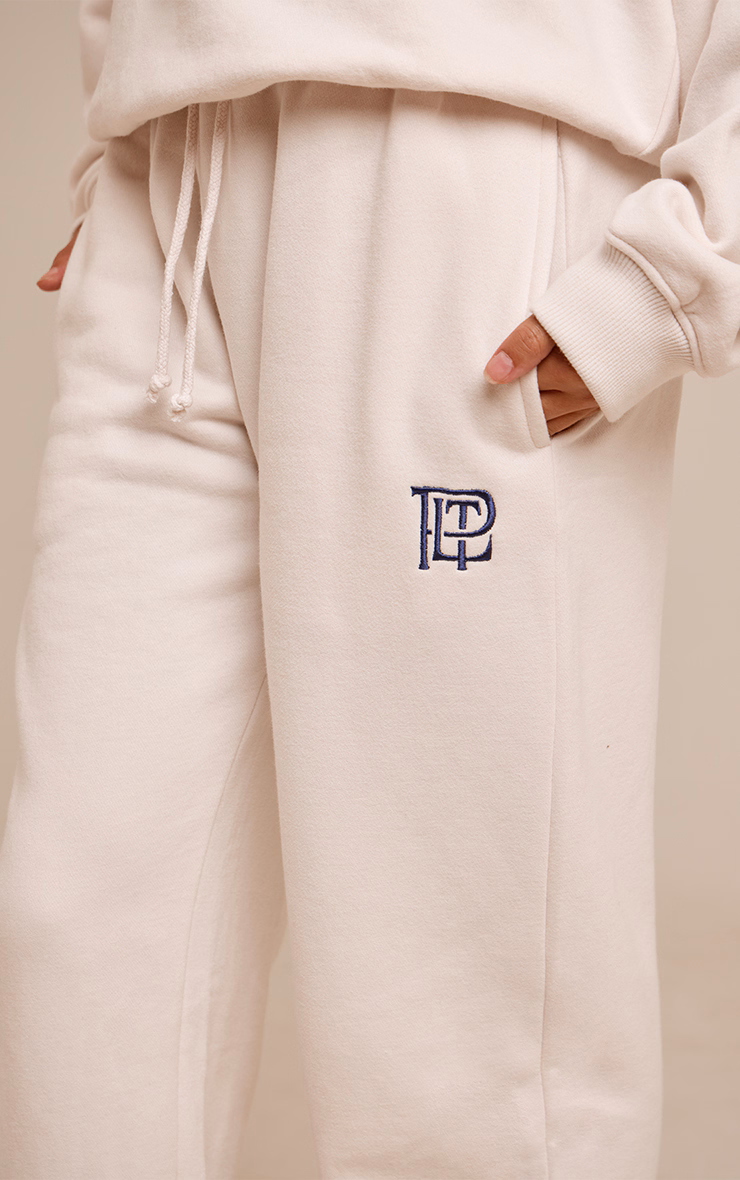 Cream PLT Embroidered Cotton Fleece Cuffed Sweat Pants