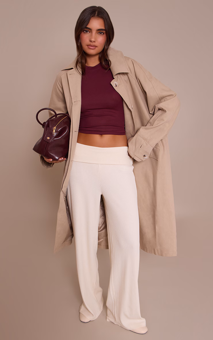 Cream Thick Rib Fold Over Pocket Detail Wide Leg Pant